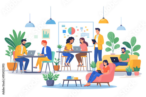 Diverse team collaborating and working on laptops in a modern, bright office space