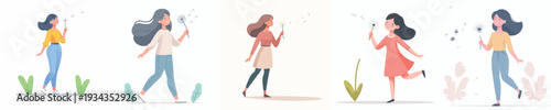 vector of a woman blowing dandelion flowers in spring