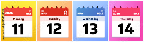 Clean and playful calendar date set featuring May 11,12,13,14 2025. Designed for digital reminders, planner inserts, and modern scheduling visuals with bold numeric focus
