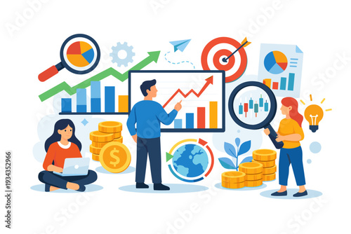 Business analytics team analyzing financial growth charts and market trends with data visualization