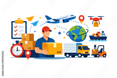 Global logistics and delivery services with various transportation methods and courier