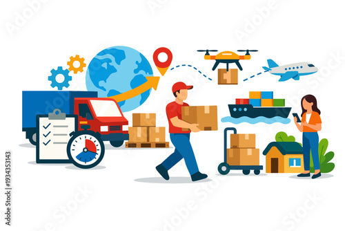 Global logistics and delivery services with trucks, drones, ships, and airplanes