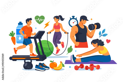 Diverse people engaged in various fitness activities for a healthy lifestyle