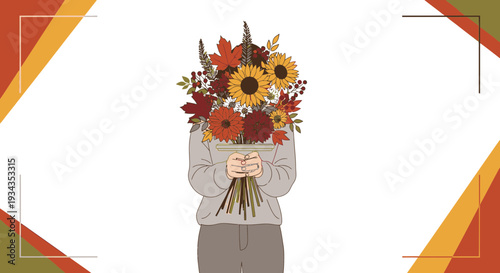 Autumn Bouquet Illustration: Person Holding Flowers, Seasonal Colors