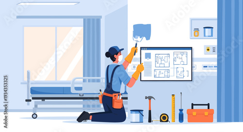 Woman worker painting hospital room wall with blueprint.