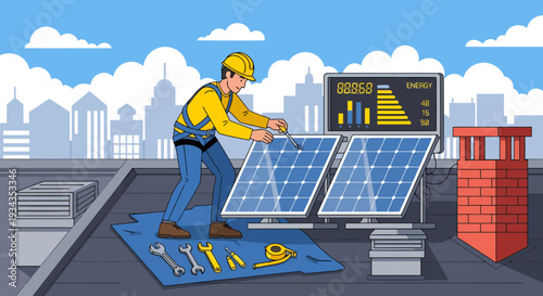 Worker Installing Solar Panels on Rooftop with Tools.