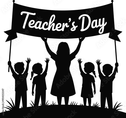 Happy Teacher's Day celebration with students holding banner