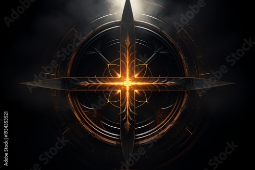 Abstract mystical compass with glowing golden light on a dark, futuristic background, representing guidance