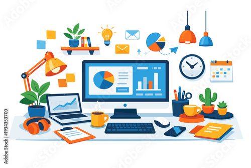 Colorful workspace illustration with charts, plants, and office supplies