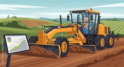 Yellow Motor Grader Machine with Digital Display Screen.