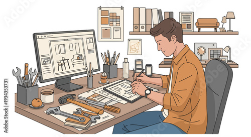 Young man designing furniture on computer and tablet.