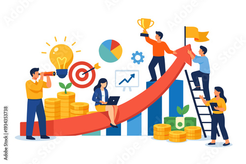 Teamwork and growth concept with people climbing up a red arrow graph towards success