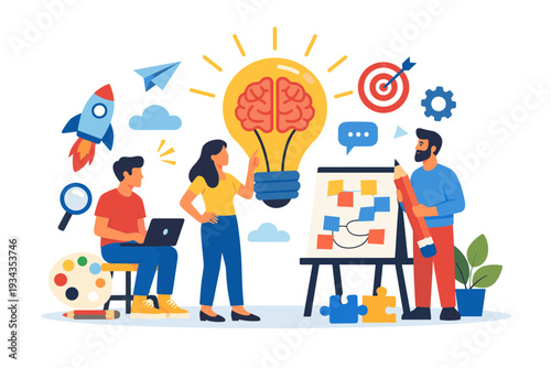 Team brainstorming and idea generation with a giant lightbulb and brain illustration