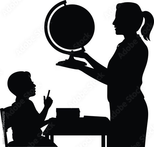 Silhouette of teacher and student exploring globe together in classroom