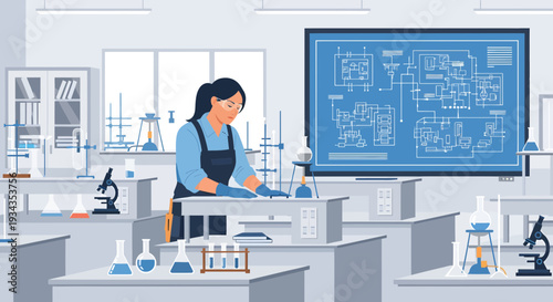 Young woman scientist working diligently in a modern laboratory setting.