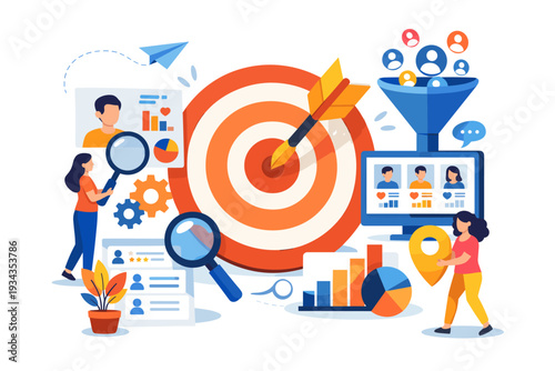 Marketing team analyzing data and targeting customers with analytics and strategy