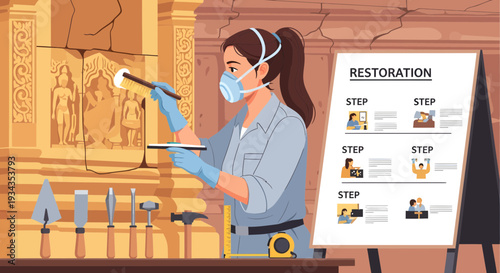 Archaeologist carefully restoring ancient hieroglyphs on wall.