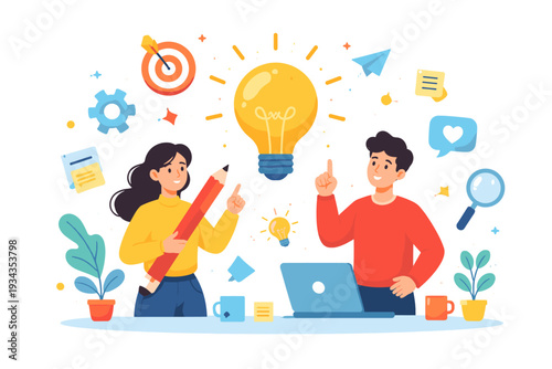 Creative team brainstorming new ideas with a giant pencil and lightbulb symbol