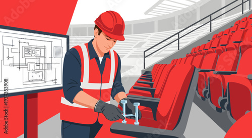 Construction worker in safety vest and hard hat inspecting stadium seats.
