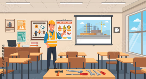 Construction worker giving a safety presentation in a classroom.
