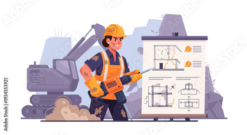 Construction worker explaining blueprints with excavator nearby.