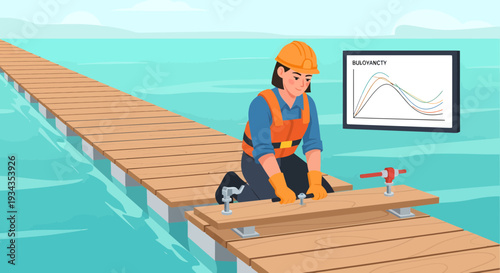 Construction worker building a wooden pier over water.