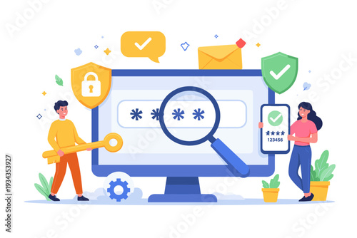 Digital security concept with people managing passwords and online access with keys and devices