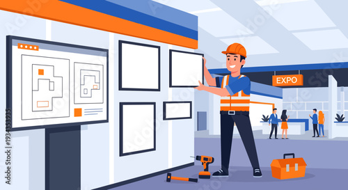 Construction worker installing display panels at an exhibition.