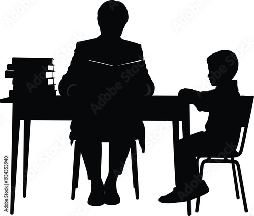 Silhouettes of adult and child in meeting at desk with books