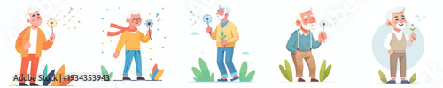 vector of a grandpa blowing dandelion flowers in spring