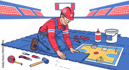 Construction worker installing sports court flooring with tools.