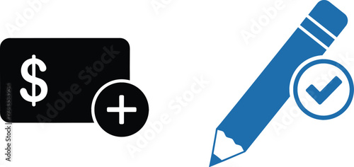 Dollar Payment Add Icon with Pencil and Check Mark Symbol Representing Financial Approval, Invoice Editing, Budget Management, and Accounting Concepts