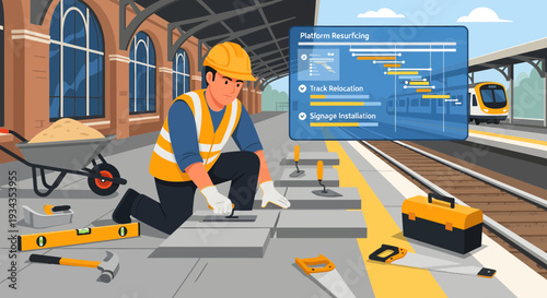 Construction worker laying tiles on a train station platform.