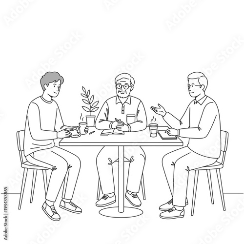 An intergenerational group of three men actively participates in a productive meeting, exchanging thoughts and building connections over coffee.