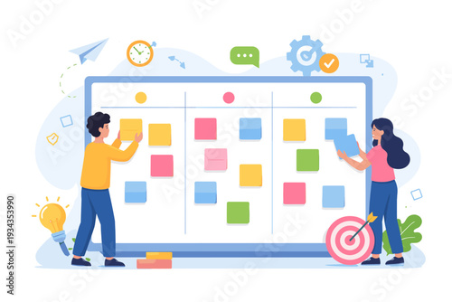 Agile team collaborating on a Kanban board with sticky notes for project management