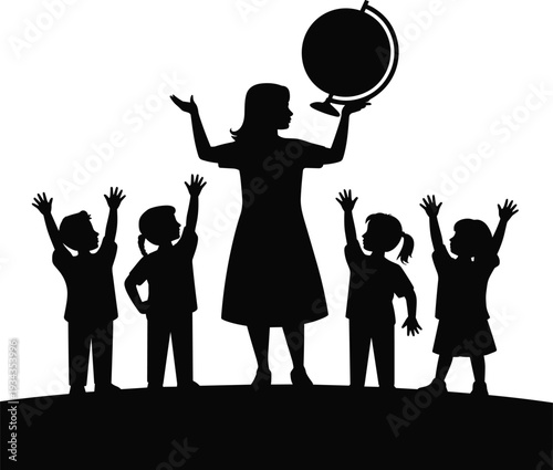 Teacher and students celebrating with globe in hand