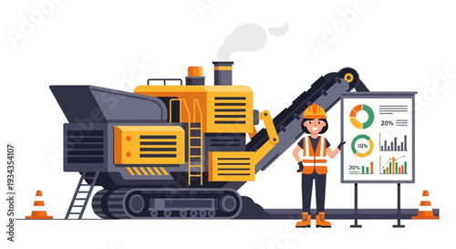 Construction worker presenting data near heavy machinery.