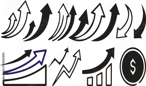 Collection of black and white arrows and graphs icons