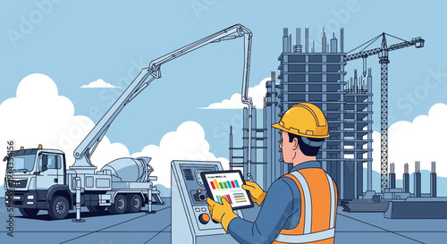 Construction worker using tablet controlling concrete pump truck.