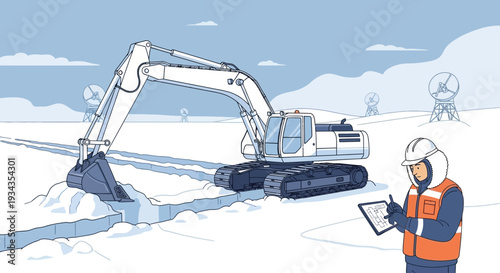 Excavator digging trench in snowy landscape with worker observing.