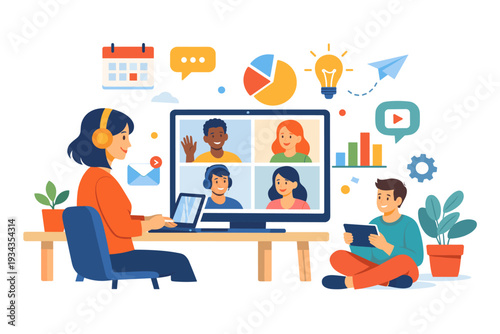 Diverse team collaborating remotely through video conference and digital tools
