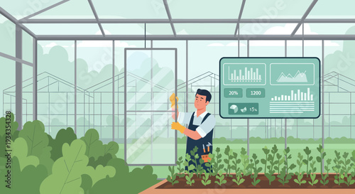 Farmer checking smart greenhouse technology for crop growth.