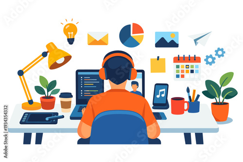 Person working remotely at a desk with laptop, headphones, and various icons representing tasks