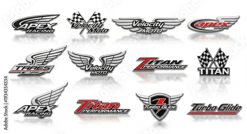 Collection of various metallic car emblems with wing designs and text.