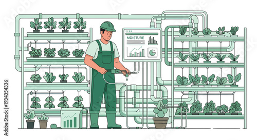 Farmer tending to vertical hydroponic farm system.