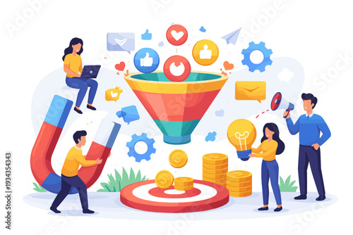 Marketing funnel illustration with people attracting leads and generating ideas for business growth