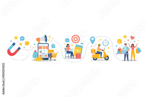 Creative illustrations depicting online shopping and delivery processes in a modern style