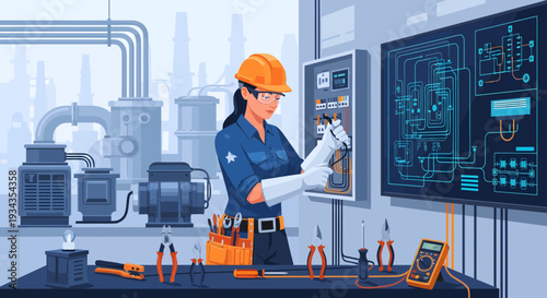 Female engineer working on electrical panel with tools.