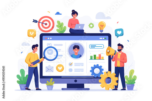 Team analyzing data on computer screen with magnifying glass and megaphone