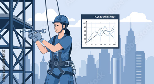 Female construction worker on scaffolding with tools.